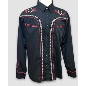 Rodeo Clothing Co Western Pearl Snap Shirt Black Red & Gold Embroidery Men’s XL